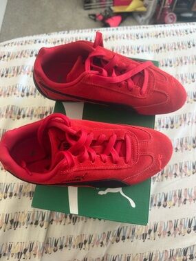 Puma Kids Red Suede Lace-Up Sneakers with Black Accent
